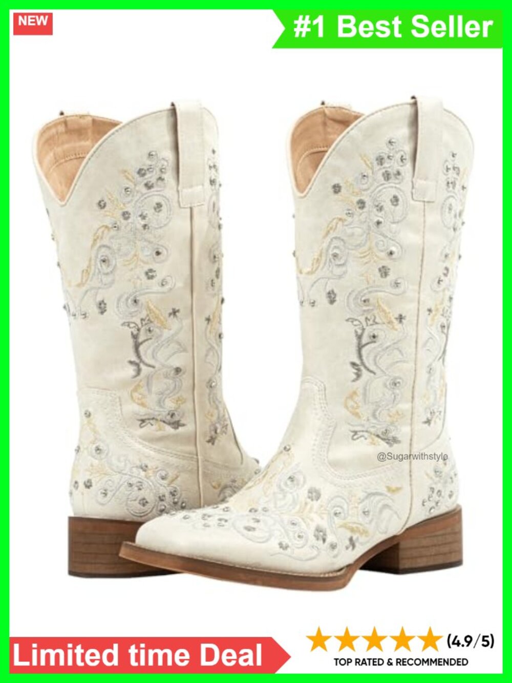 Women Cowboy Boots Rhinestone Square Toe Mid Calf Western Boots